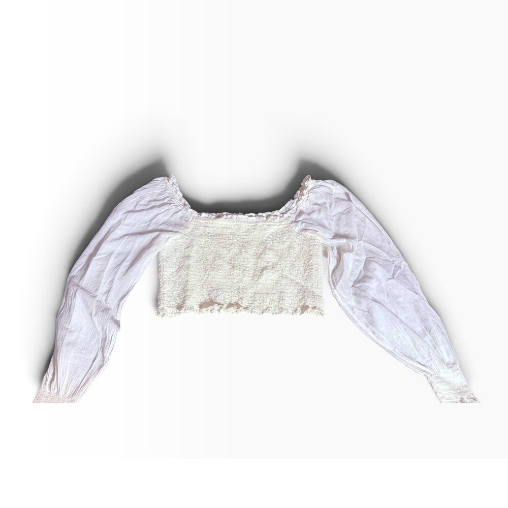 Aerie Ivory/White Smock Cropped Large Sheer Puff Sleeve Peasant Top cottagecore